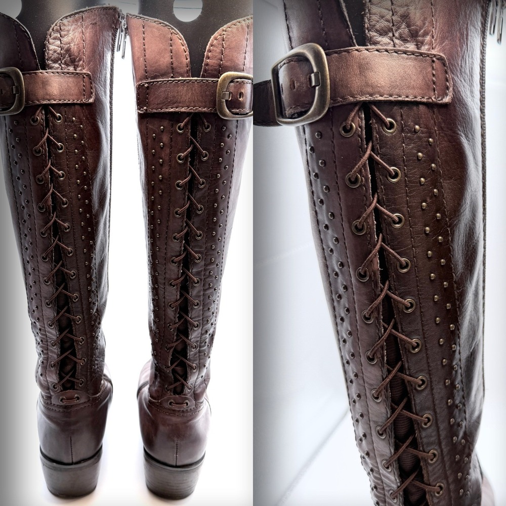 Arturo Chiang Cognac Leather Riding Boots 8.5 Studded Corset Lace Back Buckle